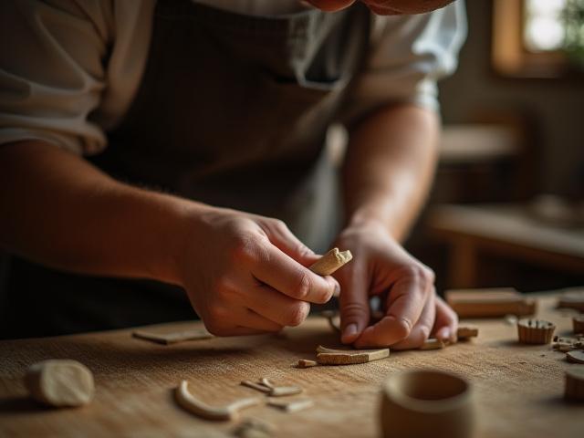Skilled artisan working on a detailed craft piece, hands focused on natural materials